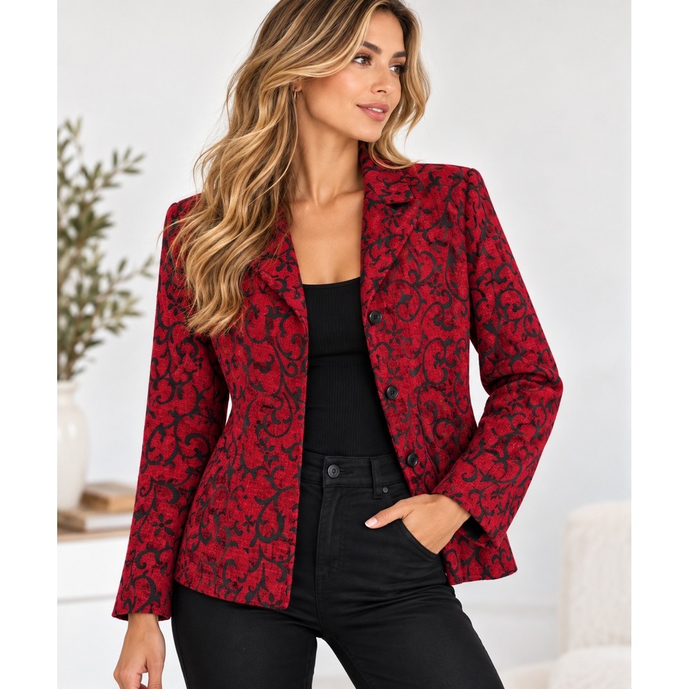 Sag Harbor Tapestry Blazer Women's 6P Red Black Floral Scroll Vintage Jacket